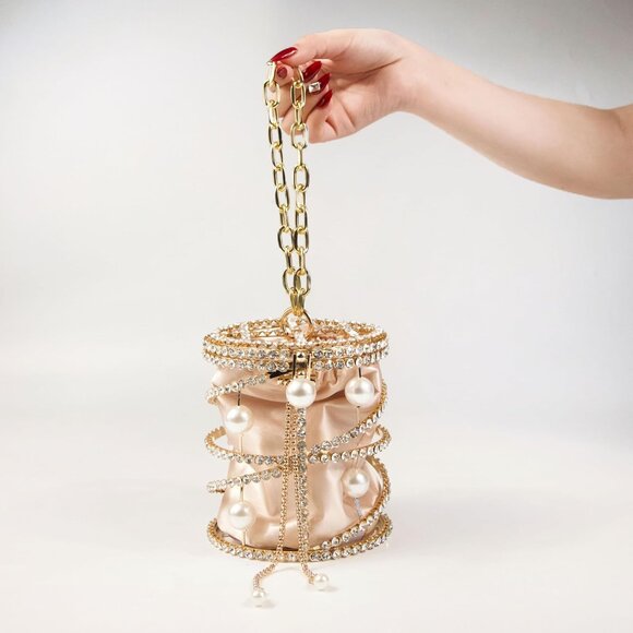 ⚡ Women's Evening Rhinestone Luxury Chain Gold Metallic Bucket Crossbody Bag - Picture 5 of 6